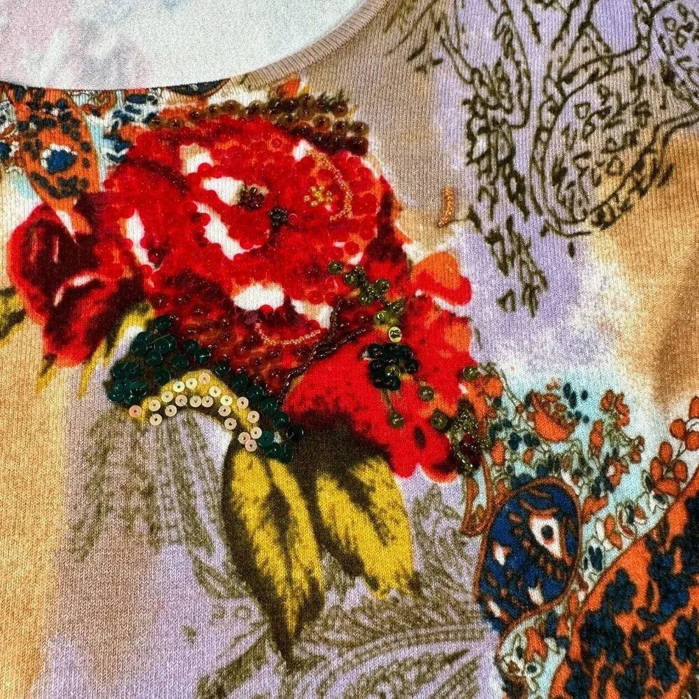 Vintage Y2K Newport News Womens Top Sweater Medium Floral Scoop Neck Sequin - Picture 10 of 14